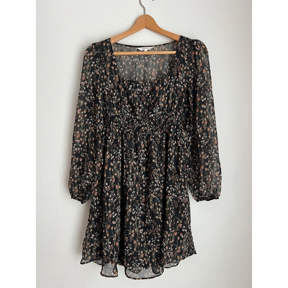 Amaryllis Black Floral Print Square Neck Long Sleeve Mini Dress Size S